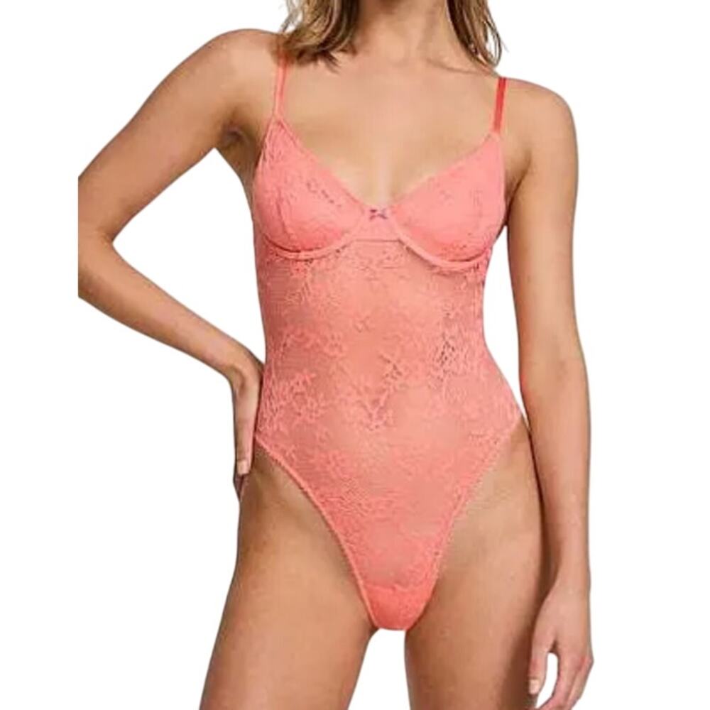 Victoria's Secret Tease Lace Demi Bodysuit Small Orange Pink